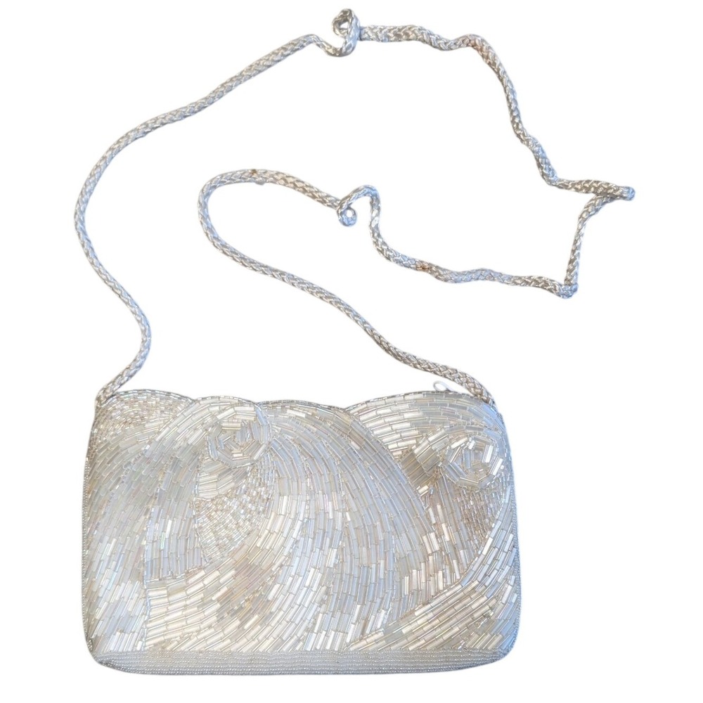 Vintage 50s Goldco White Beaded Bag Cross Body Small Purse